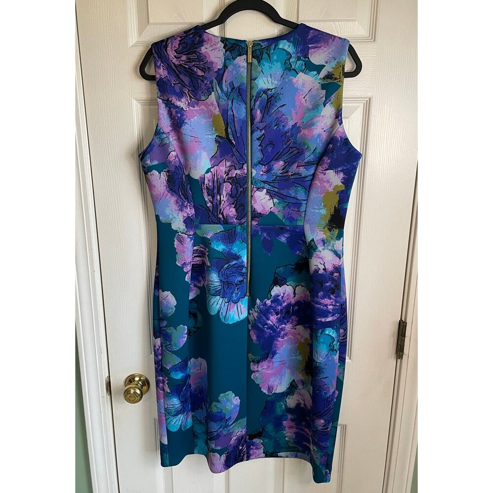 Calvin Klein Scuba Floral Sheath Dress Sz 14 Sleeveless Stretch Career Colorful - Picture 2 of 9